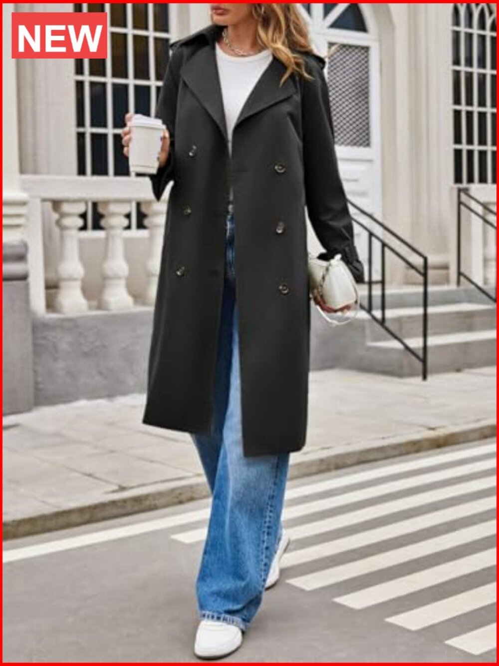 Long Trench Coat Double Breasted Notch Lapel Lightweight Windproof Overcoat - Picture 5 of 6